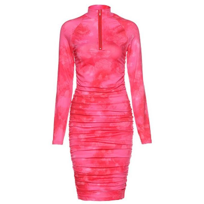 Fashion Pink Print Mock Neck Bodycon Midi Dress